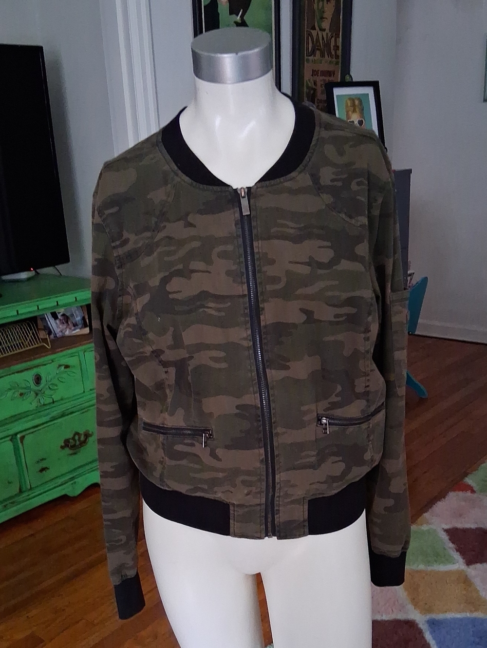 Sanctuary Olive Green Camo Zip-Front Bomber Jacket
